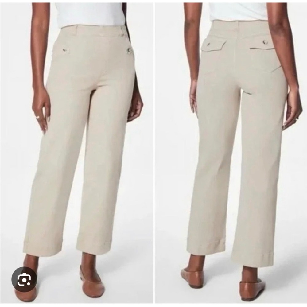 Spanx Stretch Twill Wide Leg Crop Pants Cream High Rise Shaping Trousers Medium